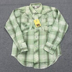 VTG H Bar C Shirt Boys 12 Green Plaid Western Pearl Snap Deadstock USA‎ Made 70s